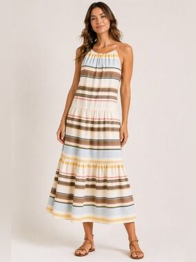 DKNY Women’s Mutli Color Striped Halter-neck Midi Dress - 100% Cotton. Size: 12